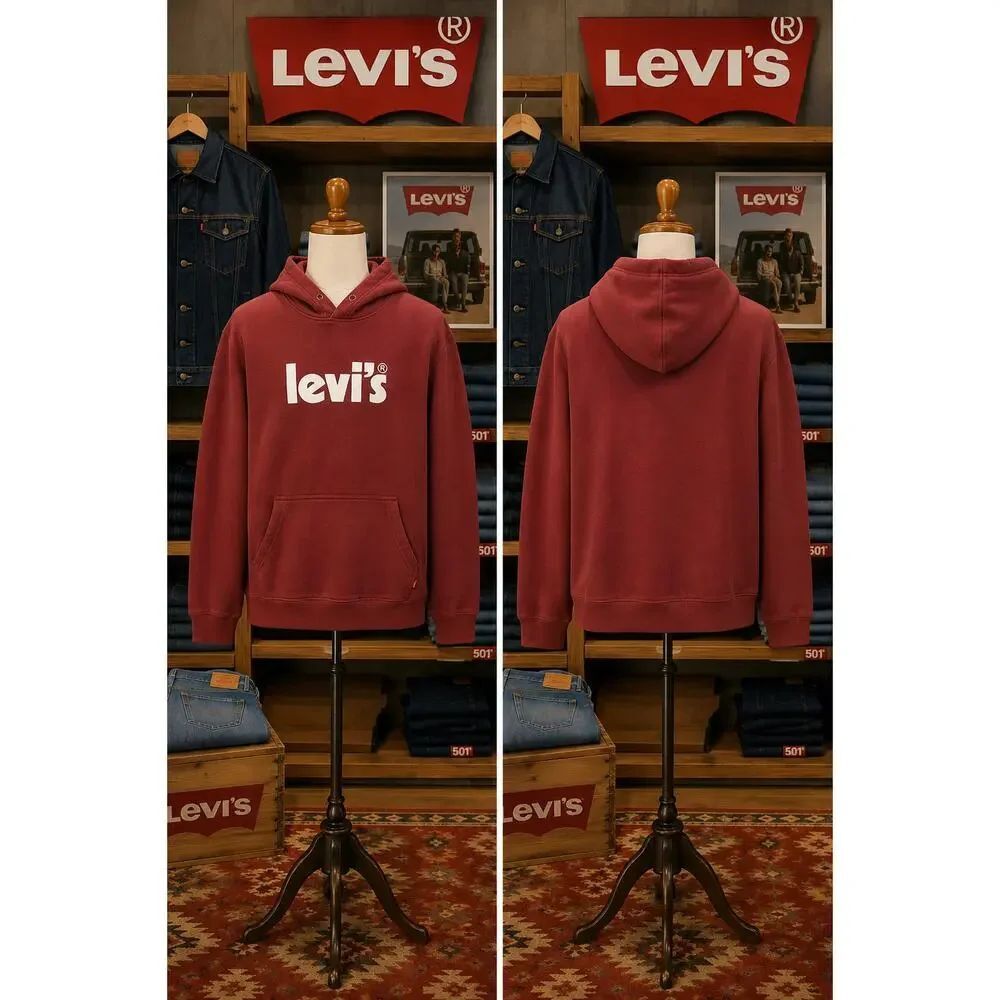 Vintage Levi’s Logo Hoodie Men’s Large Faded Red Relaxed Sweatshirt